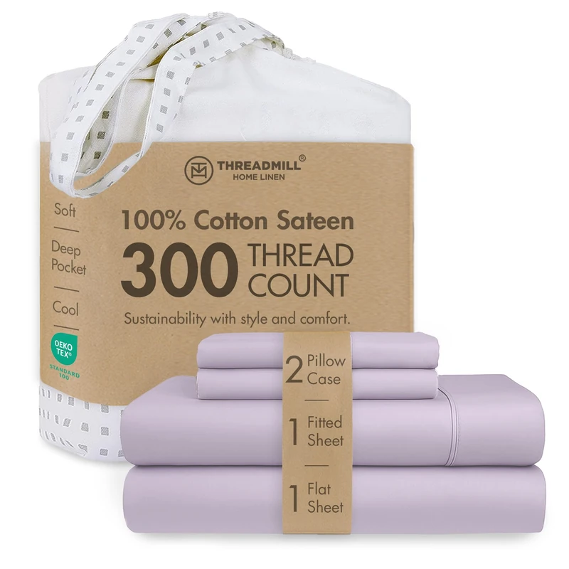Threadmill King Sheets - Pure Long Staple Cotton Sateen Weave, 4 Piece 300 Thread Count Bedsheet Set, Solid Lilac Sheets with Elasticized Deep Pocket