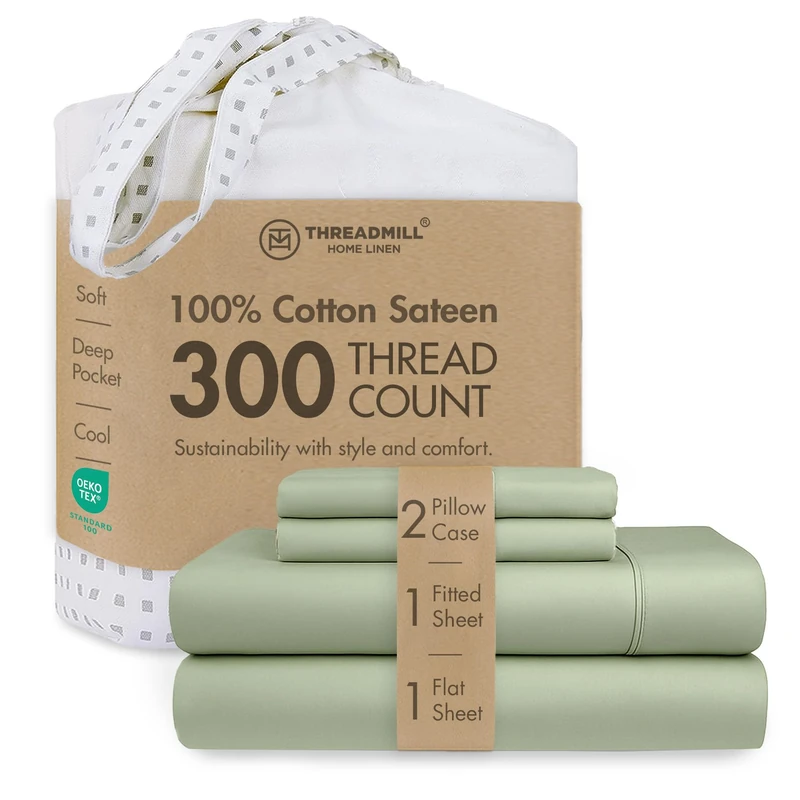 Threadmill King Sheets - Pure Long Staple Cotton Sateen Weave, 4 Piece 300 Thread Count Bedsheet Set, Solid Sage Green Sheets with Elasticized Deep Pocket