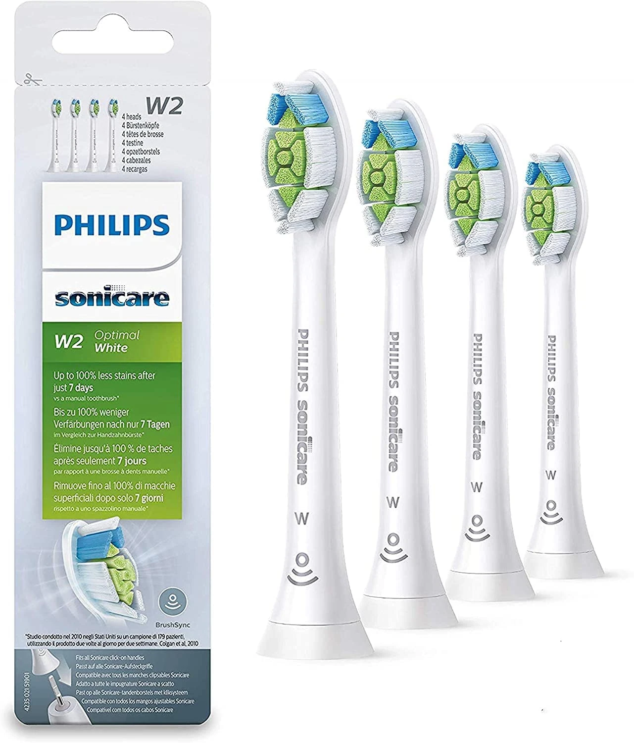 Philips Sonicare W2 Optimal White (was DiamondClean) interchangeable sonic brush heads HX6064/12 4-pack Standard size Click-on BrushSync mode pairing