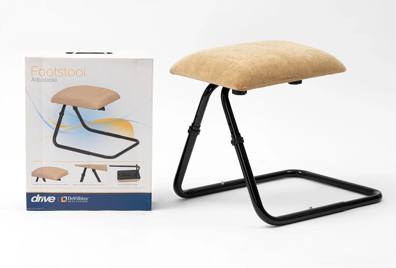 Drive Devilbiss Adjustable Footstool, Beige Chenille Fabric Beige Chenille Fabric / Black Frame