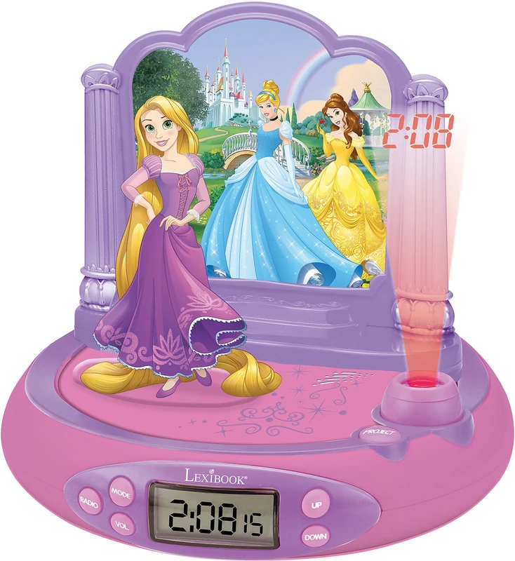 LEXIBOOK, Disney Princess Rapunzel, Projector Alarm Clock for kids, Nightlight and time projection to the ceiling, Sound Effects, Battery-powered, Pink, RP515DP