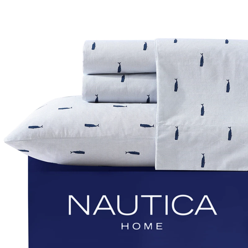 Nautica - Twin XL Sheets, Cotton Percale Bedding Set, Coastal Bedding Set (Whale Stripe Blue, Twin XL)