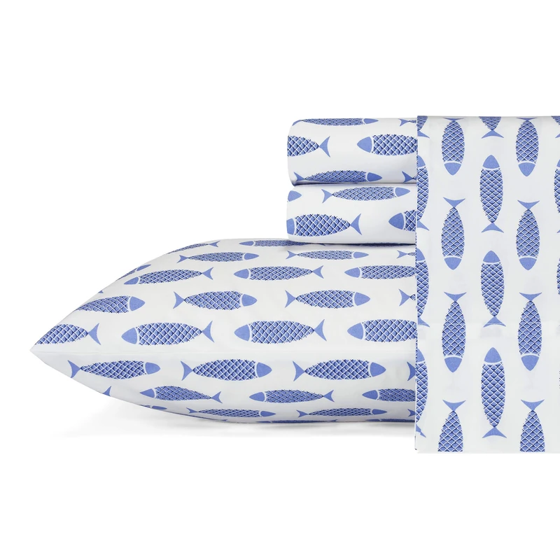 Nautica Cotton Percale Bedding Set, Crisp & Cool, Lightweight & Breathable, 100%, Woodblock Fish Blue, Full - Image 1