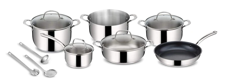 Lagostina Evelia 18/10 Stainless Steel Cookware Set for Induction, Gas and Oven, 13 Pieces, 4 Stock Pots, Saucepan, Non-Stick Pan, Ladle, Skimmer, Spaghetti Spoon, 4 Lids