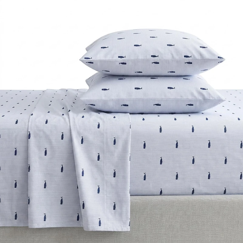 Nautica - 4PCS,Queen Sheet Set, Cotton Percale Bedding Set, Crisp & Cool, Lightweight & Breathable (Whale Stripe Blue, Queen)
