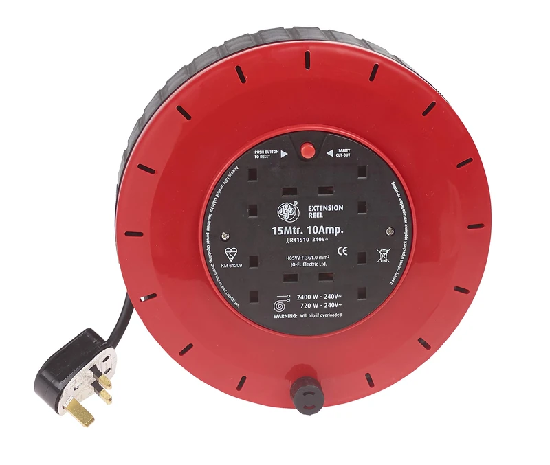 Schneider Electric Thorsman - 4 Socket Extension Lead Reel, 15m, 10A, 240V, with Safety Cut Out Switch, Casette Reel, JJR41510