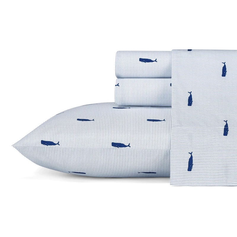 Nautica Cotton Percale Bedding Set, Crisp & Cool, Lightweight & Breathable, 100%, Whale Stripe Blue/White, Twin
