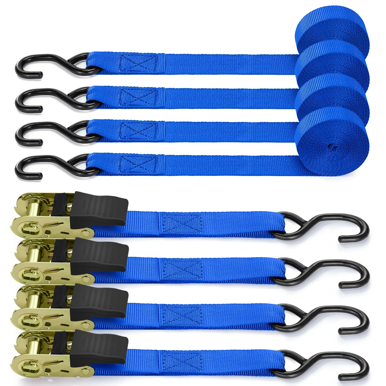 Ratchet Tie Down Straps 4 Pack, Ohuhu 4.6m 680kg Break Strength Tie Down Straps with S Hook, Ratchet Tie Down Lashing Straps, Ratchet Straps for Moving Appliances, Motorcycle, Blue