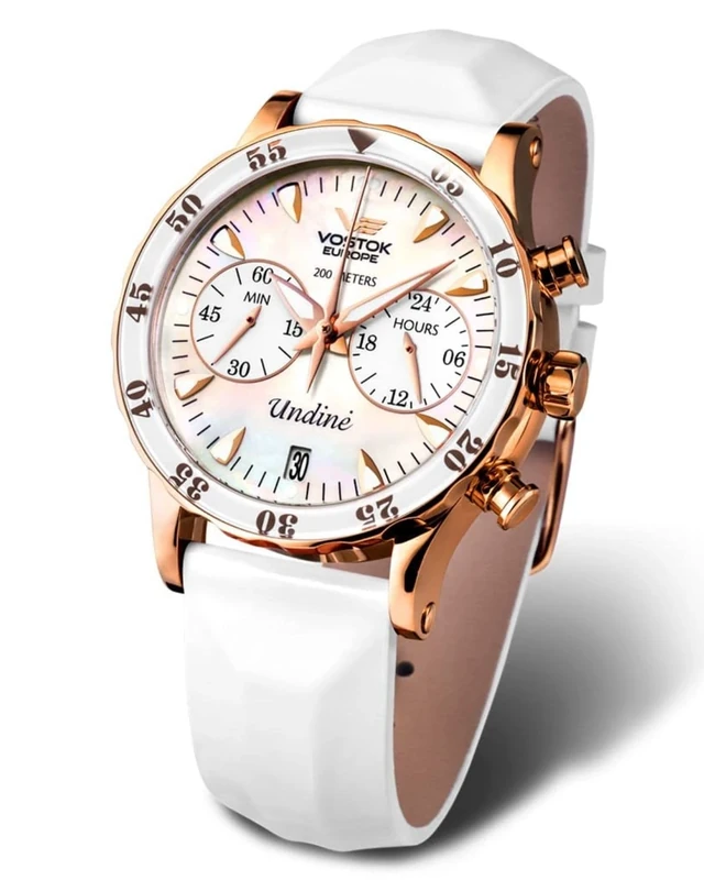 Vostok Europe Undine Women's Watch with 2 Replacement Straps Ladies Chronograph Date 20 ATM, White, Strap.