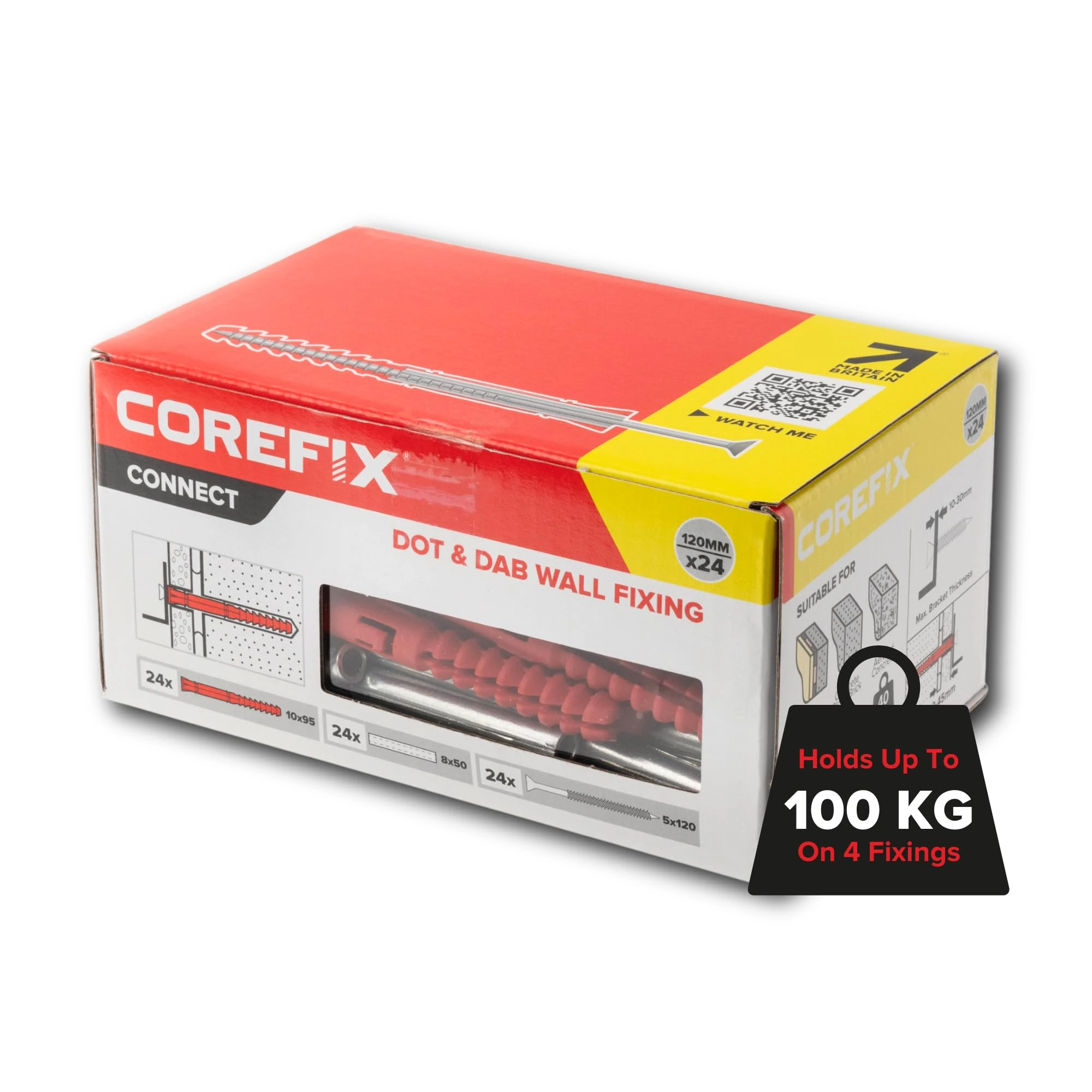 Corefix 24 x 120mm Heavy Duty Dot & Dab Wall Fixings - Plasterboard Over Blockwork Wall Plugs & Screws - For TV Wall Bracket, Radiators, Shelving & More - Holds 100kg On 4 Fixings