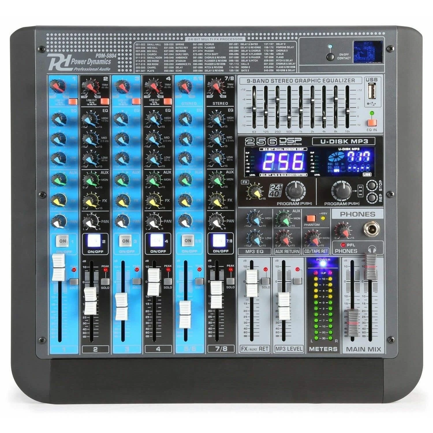 Power Dynamics PDM-S804 8-Channel PA Mixer with Bluetooth, USB MP3 Player, Multi-FX Processor, 9-Band EQ, Professional Music and Microphone Mixer for Studio, Stage, Events