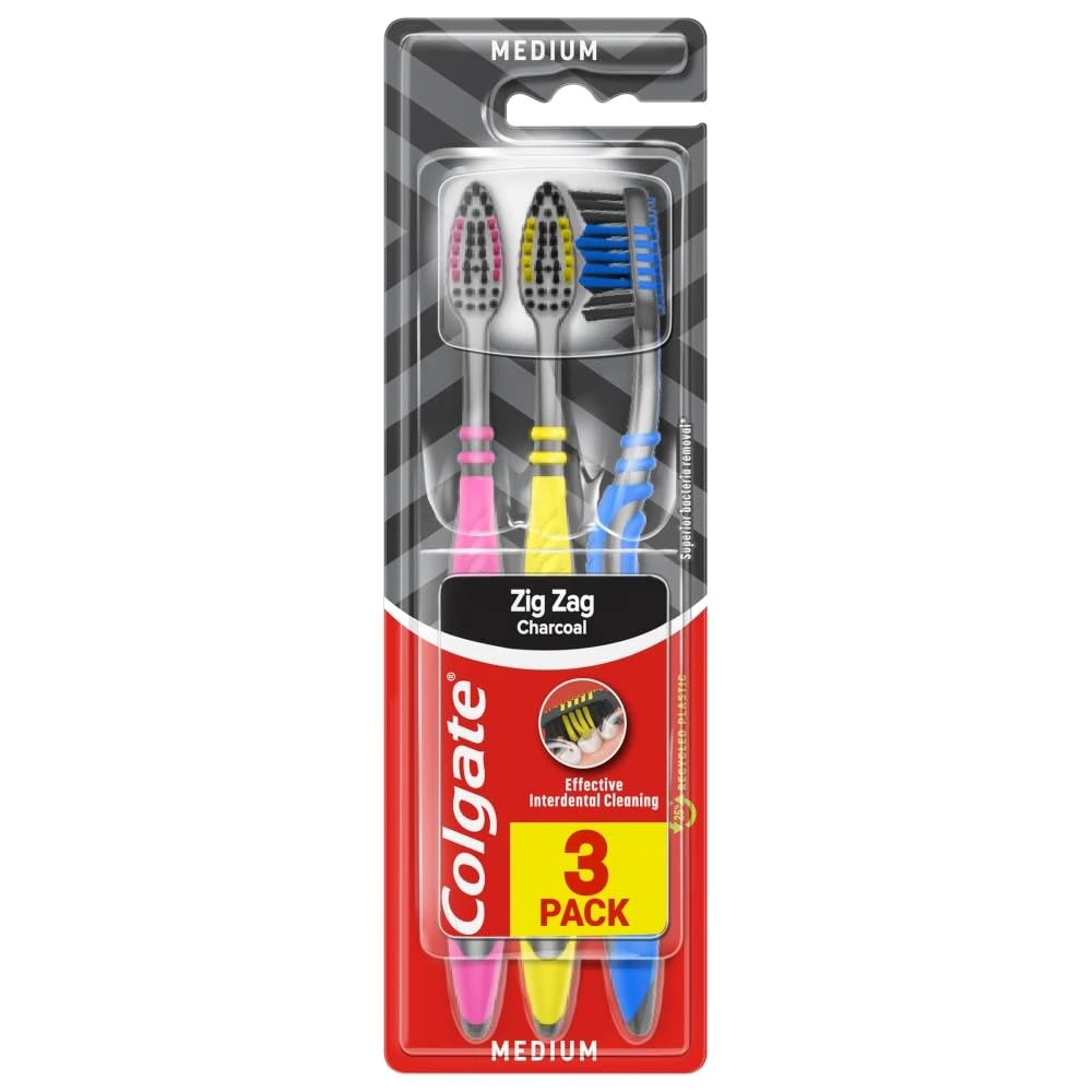 Colgate Zigzag Medium Bristles Manual Toothbrush Pack of 3, Multi Angle Cross Bristles with Flexible Neck for Gum Comfort and Tongue Cleaner