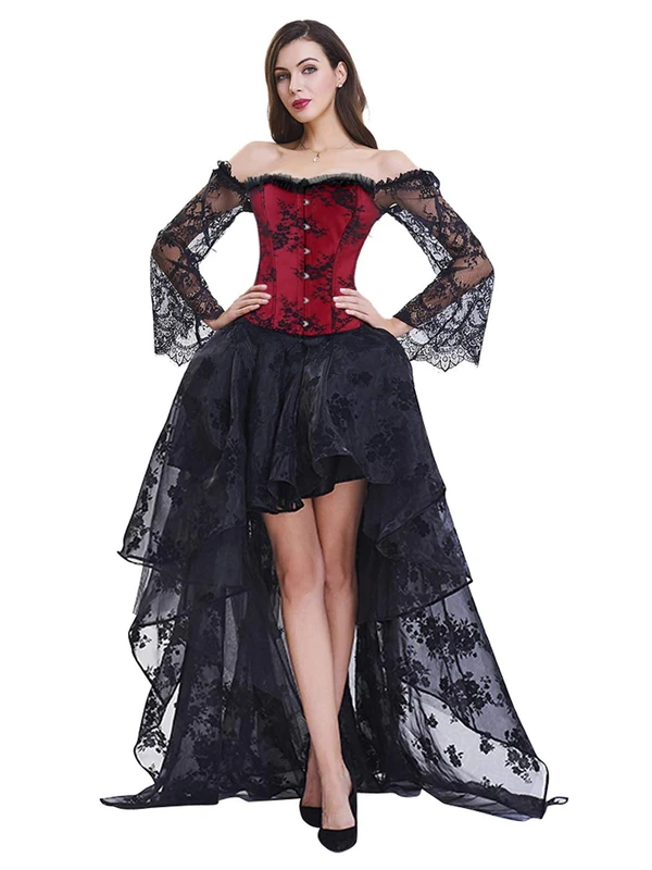 Kimring Women's Steampunk Victorian Elegant Off Shoulder Overbust Corset Dress Skirt Set with Lace Long Sleeves Black/Red Large