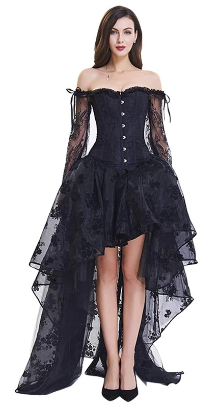 Kimring Women's Steampunk Victorian Off Shoulder Embroidery Long Sleeves Corset Top with High Low Skirt Set Black XXXX-Large