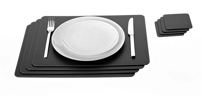 Nikalaz Set of Small Black 4 Placemats and 4 Coasters Made of Recycled Leather, Place Mats (15.7'' x 11.8'' and Coasters 3.9'' x 3.9'', Black)