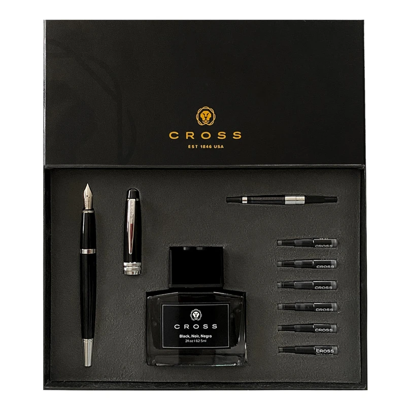 CROSS Bailey Black Lacquer Fountain Pen Gift Set with Ink