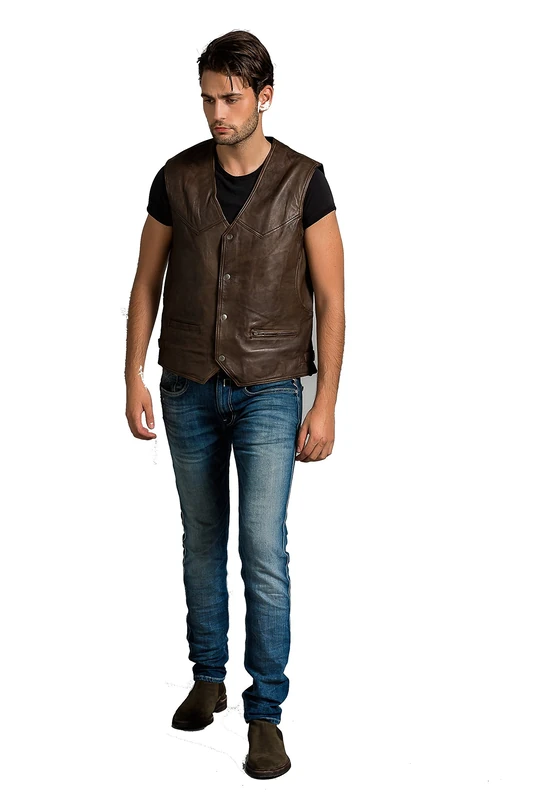 Urban Leather Billy Vest Leather Waistcoat, Ontario Brown, Size S,