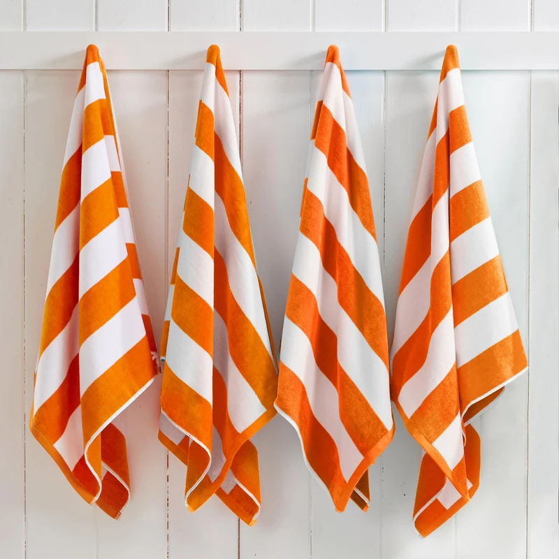 Great Bay Home 100% Cotton Velour 4 Pack Beach Towels | Orange Cabana Stripe Pool Towels | Quick Dry, Large Swim Towels for Adults and Kids (4 Pack 30" x 60", Orange)