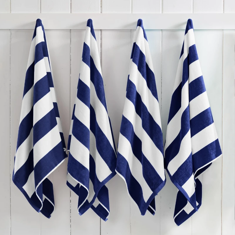 Great Bay Home Large Beach Towel Set of 4 - Cabana Striped Towels for Adults and Lightweight Pool Towels with 100% Cotton - Quick Dry Towel Pack and Blue and White Cute Beach Towel for Women and Men