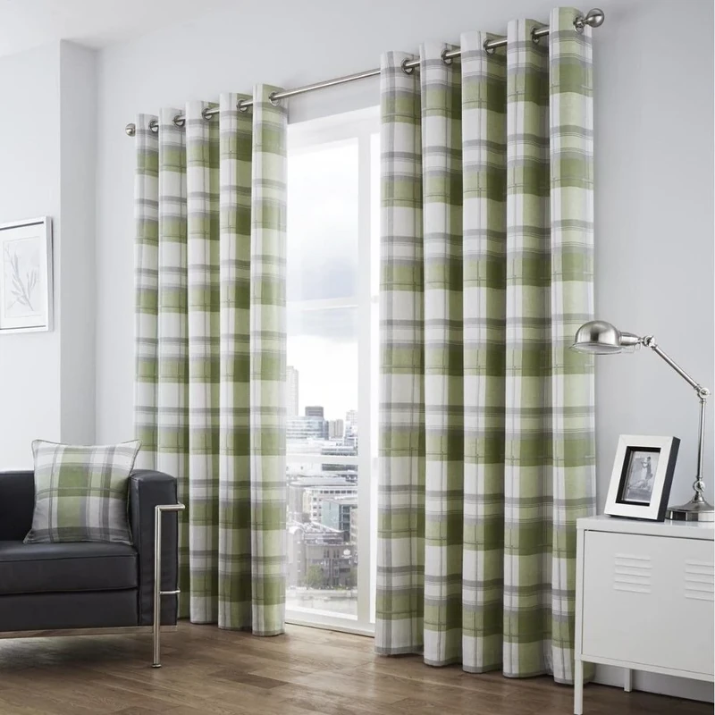 Fusion - Balmoral Check - 100% Cotton Pair of Eyelet Curtains - 66" Width x 90" Drop (168 x 229cm) in Green
