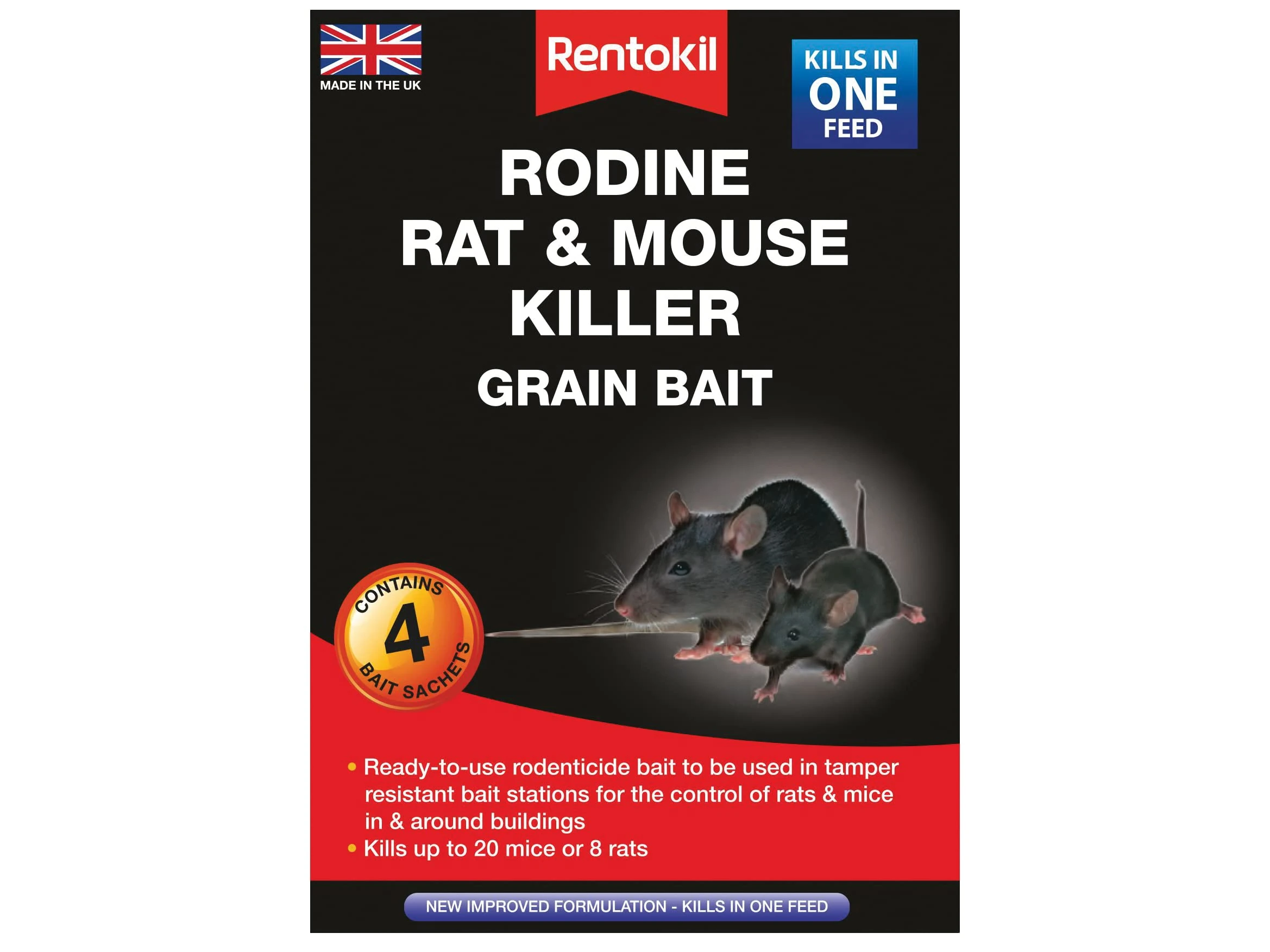 Rentokil PSMR12 Rodine Rat and Mouse Killer Grain Bait, 4x 25gm Sachets