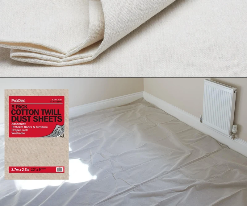 ProDec 5 Pack 12ft x 9ft Cotton Dust Sheet for Decorating, Carpet Protector - Washable Drop Cloth, Paint Shield, Painting Sheets, Heavy Duty Dust Sheets for Furniture, Paint Cloth