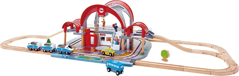 Hape Grand City Station | Wooden Pretend Play Railway Set with Projector and Recorder | For Kids