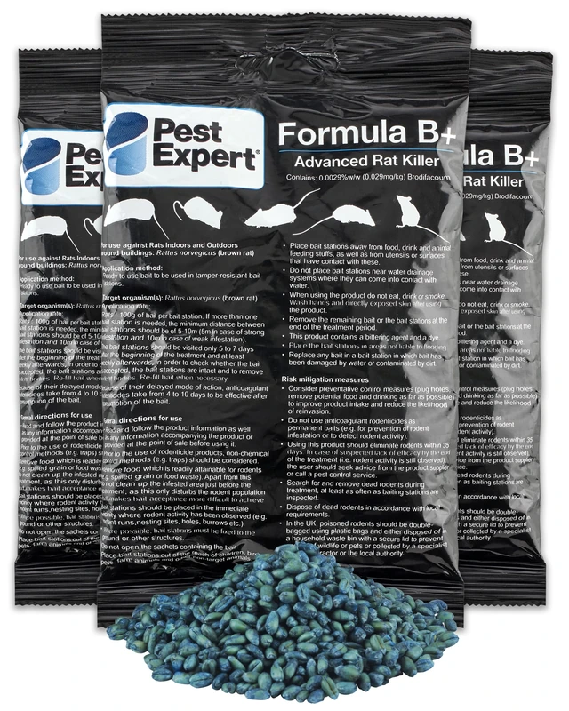 Pest Expert Rat Killer Poison 1.5kg - Formula 'B+' Advanced (15 x 100g) - Fast Acting Maximum Super Strength Single Feed Brodifacoum