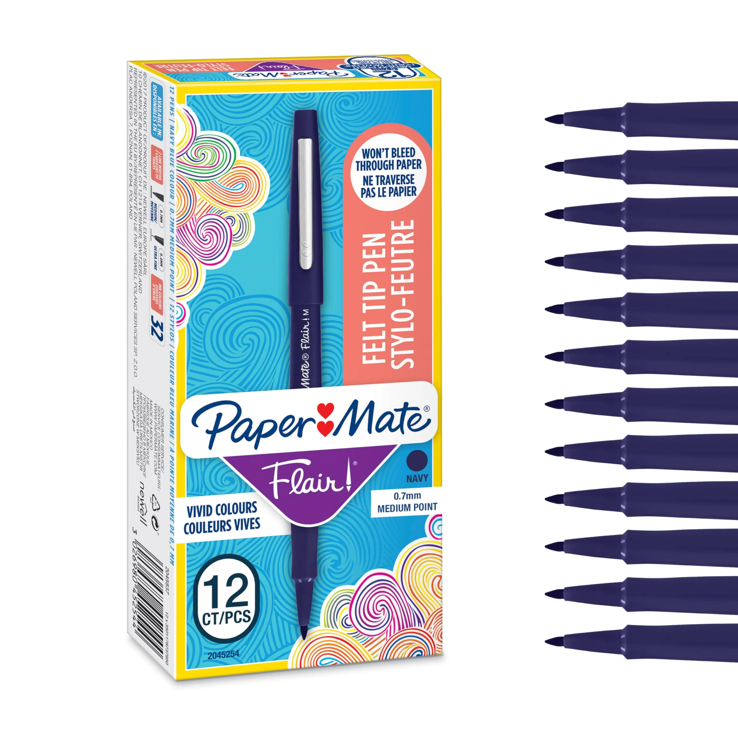 Paper Mate Flair Felt Tip Pens | Medium Point (0.7 mm) Writing Pens | Navy Blue Pens | For Writing, Drawing & Sketching | 12 Count
