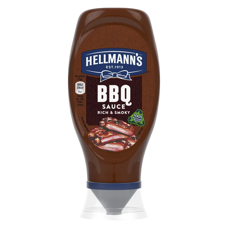 Hellmann's Rich & Smoky BBQ Sauce Condiment squeeze bottle made of 100% recycled plastic for burgers, chicken and chips 490 g