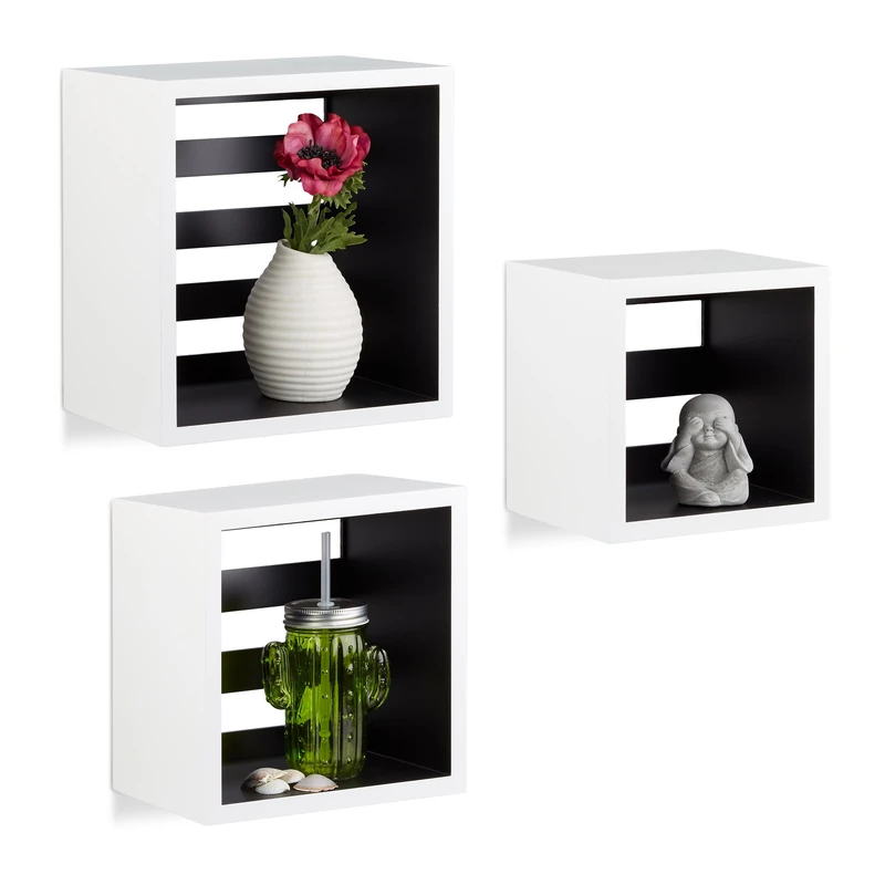Relaxdays Hanging Cube Shelves Set of 3, Square Floating Shelf, MDF, Spice Rack, White-Black