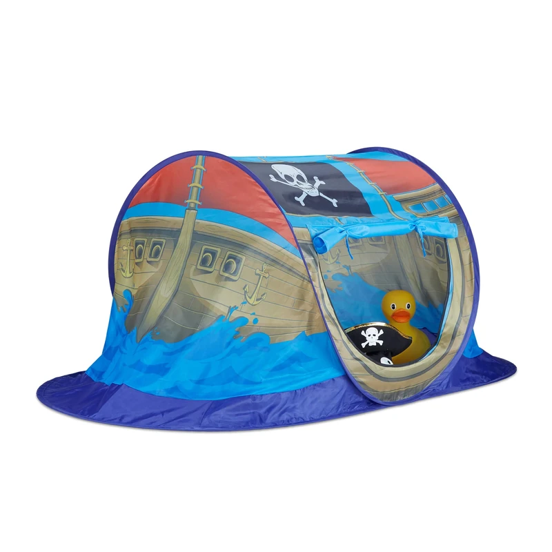 Relaxdays Pirate Play Tent for Boys, Pop Up Playhouse for Indoor & Outdoor Use, HxWxD 68x170x85cm, Blue