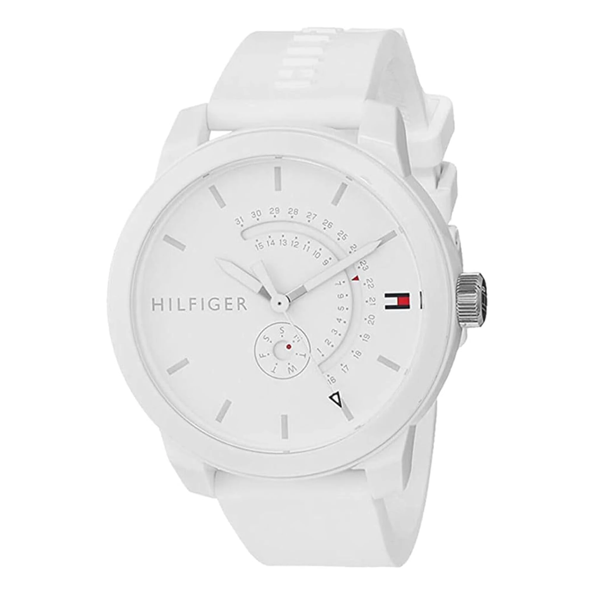 Tommy Hilfiger Men's Analogue Quartz Watch - White Dial, White Silicone Strap, Day & Date Functions, 44mm Case, 3ATM Water Resistant - 1791481