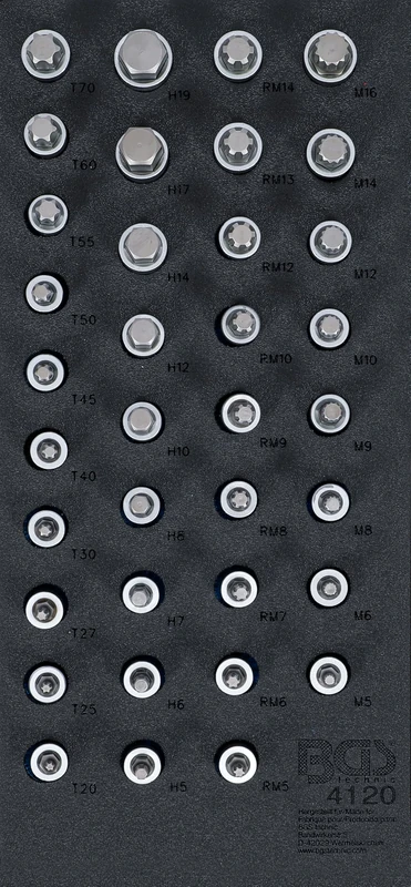BGS 4120 | Tool Tray 1/3: Bit Socket Set | 12.5 mm (1/2") | internal hexagon, T-Star (for Torx), Spline (for XZN), Spline (for RIBE) | 36 pcs.