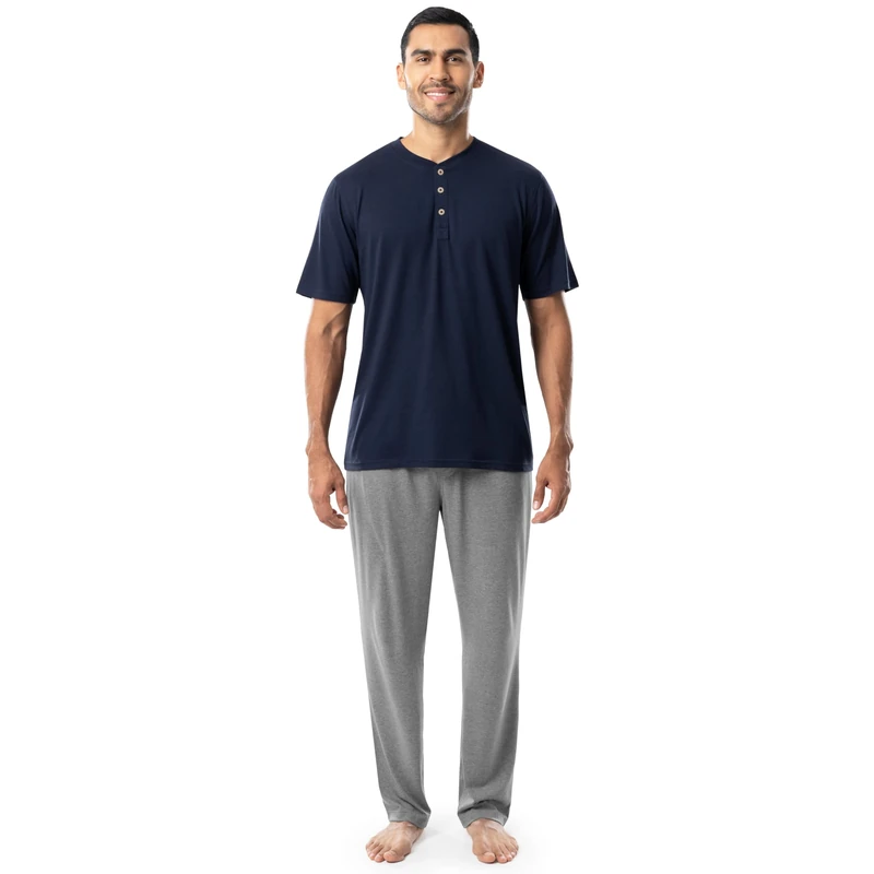Fruit of the Loom Men's 2-Piece Jersey Knit Pajama Set, Navy/Grey Heather, 4X-Large Big - Image 1