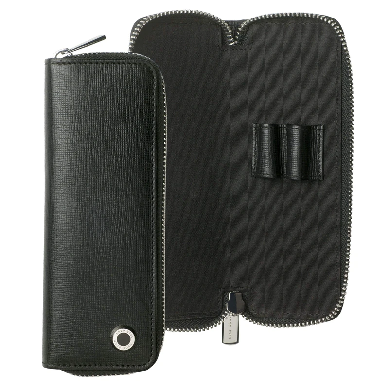 HUGO BOSS: Pen Pouch Tradition Black. Small Black Pencil case with notches to Insert 2 pens, with Zip and Metal Details.