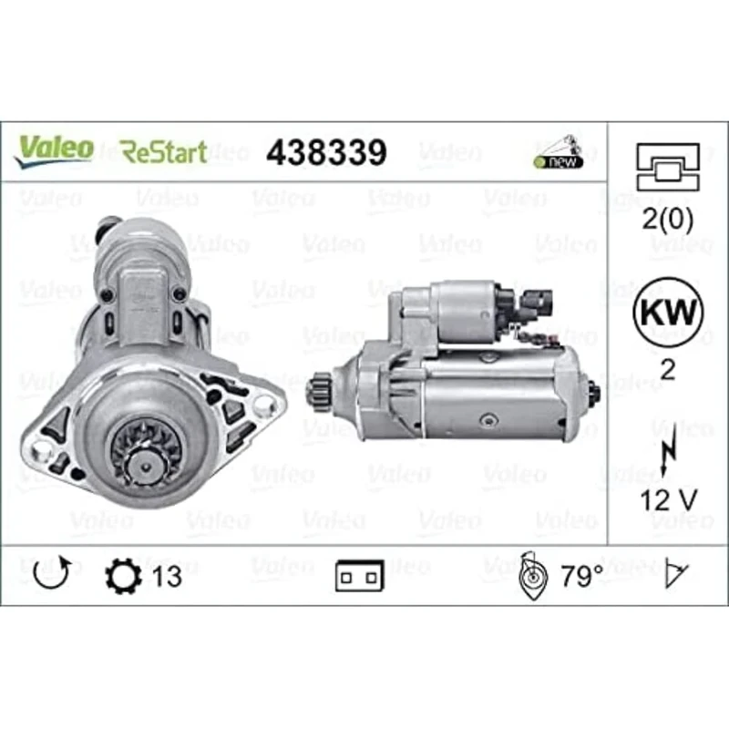 VALEO 438339 Starter Power: 2 kW Stop & Start: YES Number of teeth: 13 teeth Voltage: 12 V Rotation direction: ANTI CLOCKWISE
