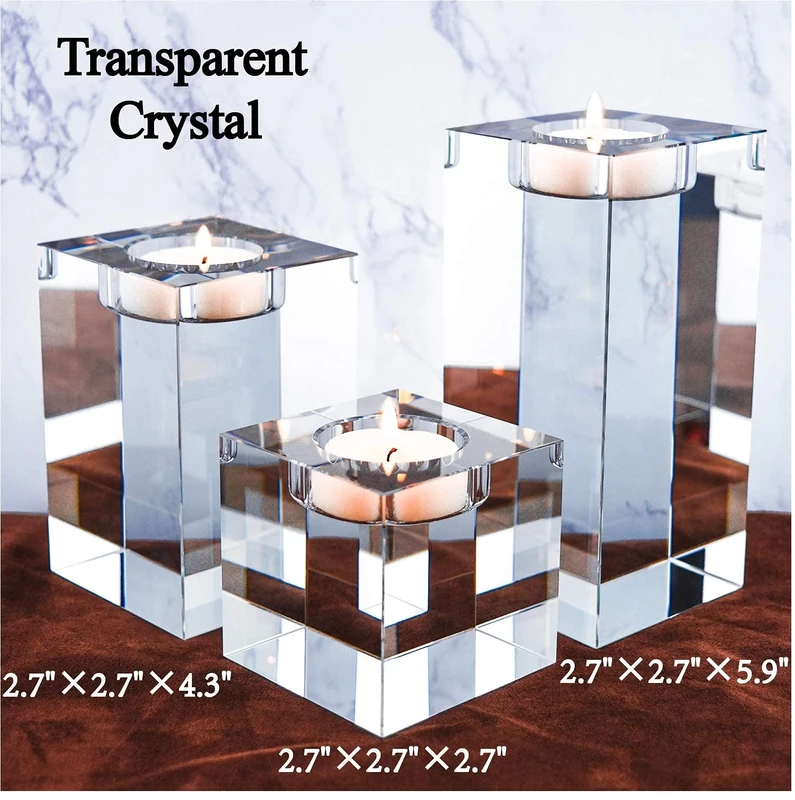 Le Sens Amazing Home Large Crystal Candle Holders Set of 3, 2.7/4.3/5.9 inches, Prepackaged Huge Big Elegant Heavy Solid Square Tealight Holders Set Centerpiece for Home Decor