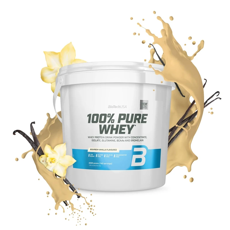 BioTechUSA 100% Pure Whey | Protein Powder with BCAA and Glutamine | Gluten-Free, Palm Oil Free | 21g Protein per Serving, 4 kg, Bourbon Vanilla