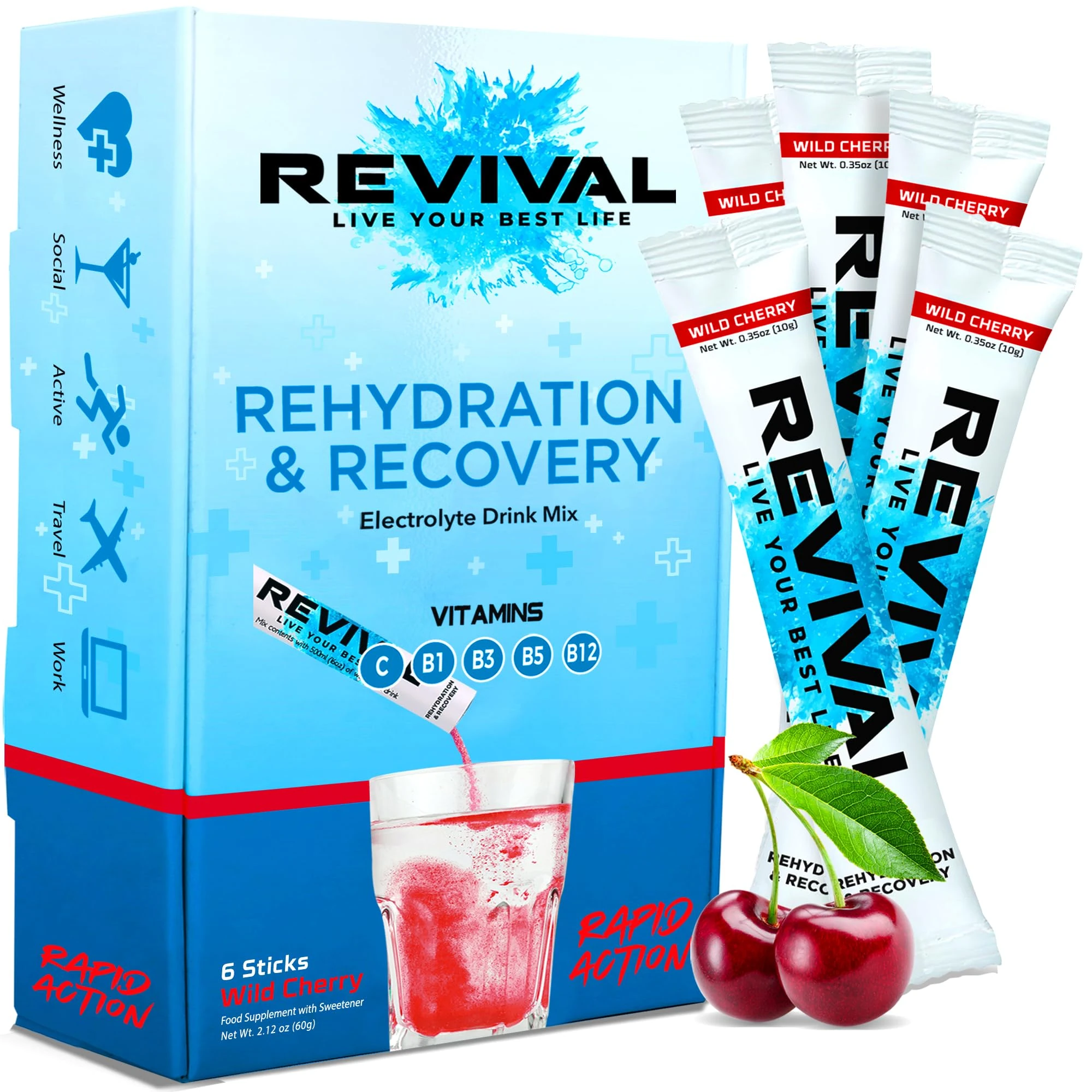 Revival Rapid Rehydration Electrolytes Powder - High Strength Vitamin C, B1, B3, B5, B12 Sachet Drink, Electrolyte Hydration Tablets - 6 Pack Cherry