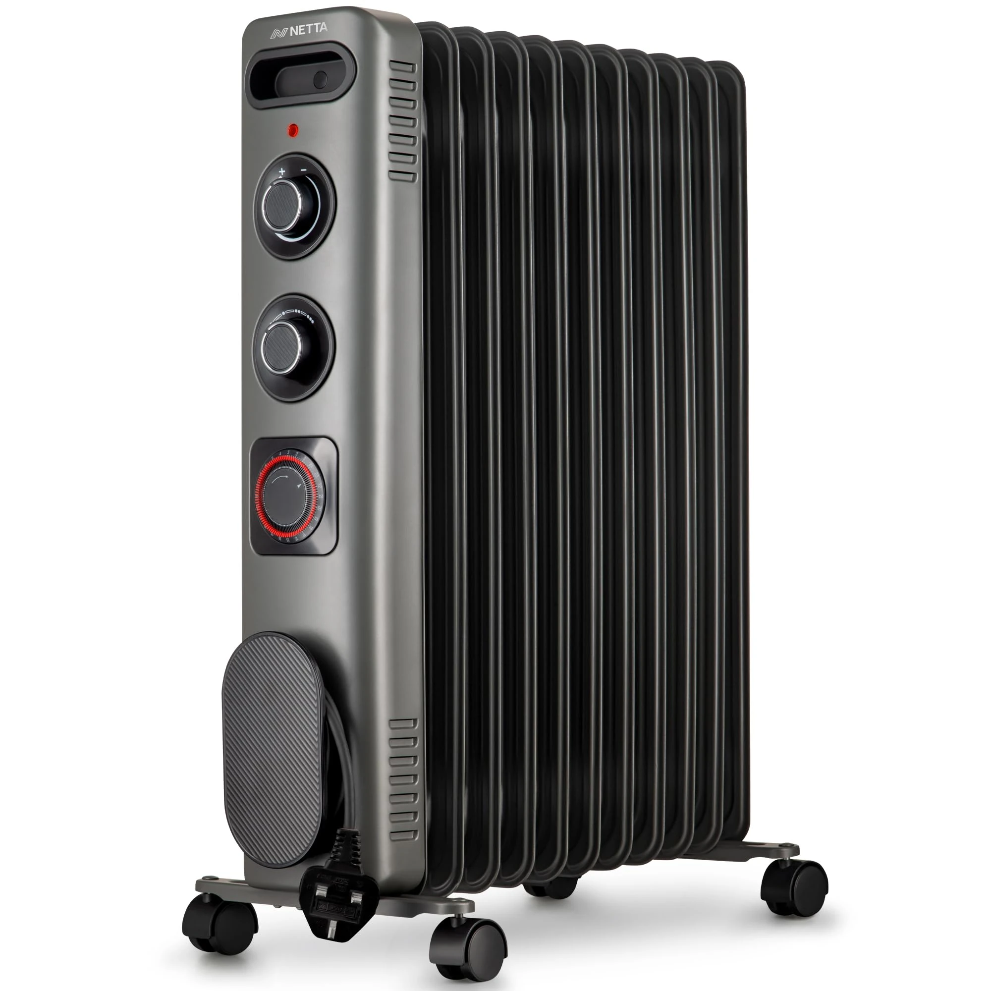 NETTA Oil Filled Radiator 2500W Portable Electric Heater with Thermostat & 24 Hour Timer 2 Power Settings Home Office Energy Efficiency – 11 Fin, Grey