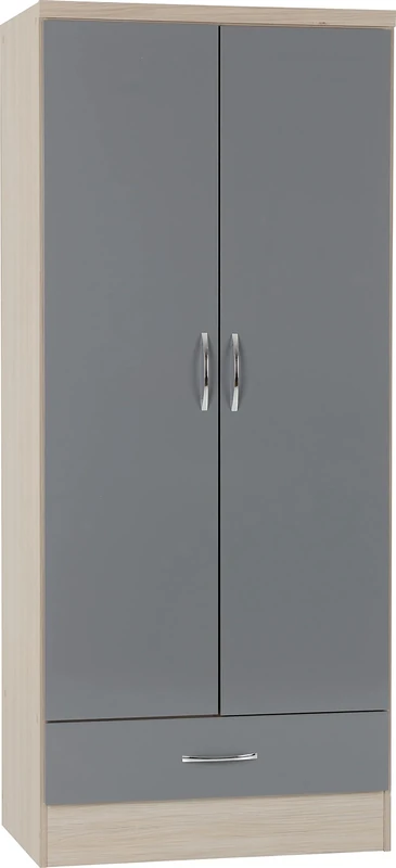 Seconique Nevada 2 Door 1 Drawer Wardrobe in Grey Gloss/Light Oak Effect Veneer