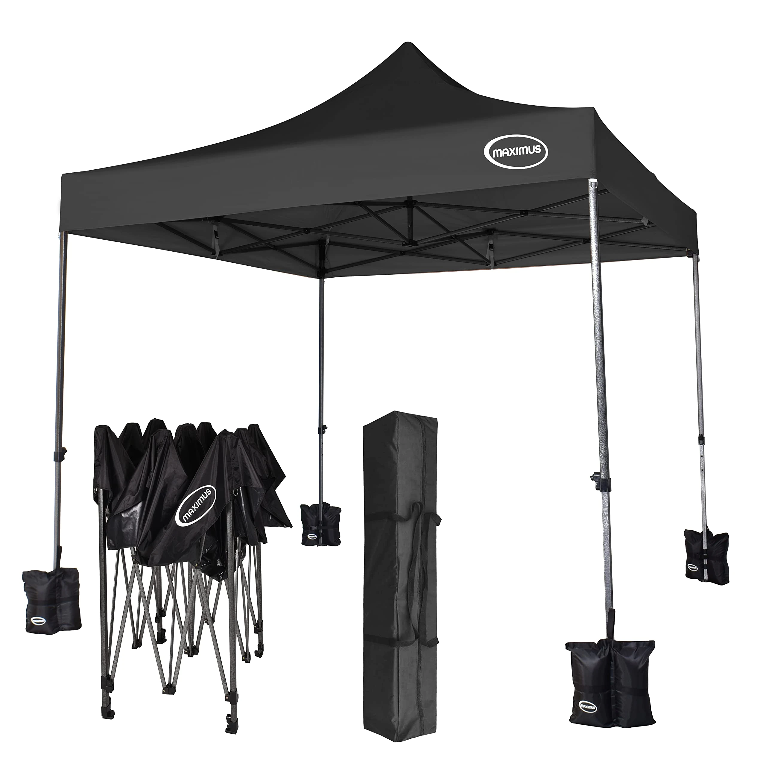 MAXIMUS HEAVY DUTY POP UP GAZEBO 3m x 3m COMMERCIAL MARKET STALL WITH 4 WEIGHT BAGS (No Walls, Black)