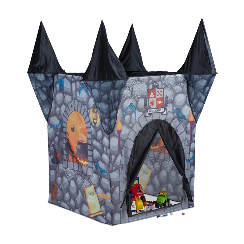 Relaxdays Haunted Castle Play Tent, Spooky Playhouse for Girls and Boys, Age 3 and Up, HxWxD: 132 x 110 x 110 cm, Grey