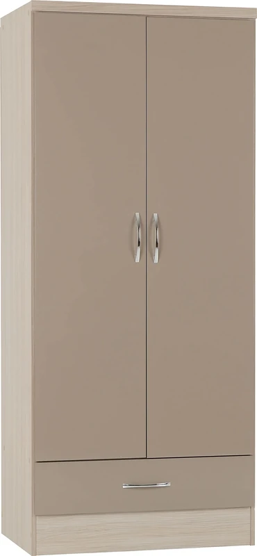 Seconique Nevada 2 Door 1 Drawer Wardrobe in Oyster Gloss/Light Oak Effect Veneer