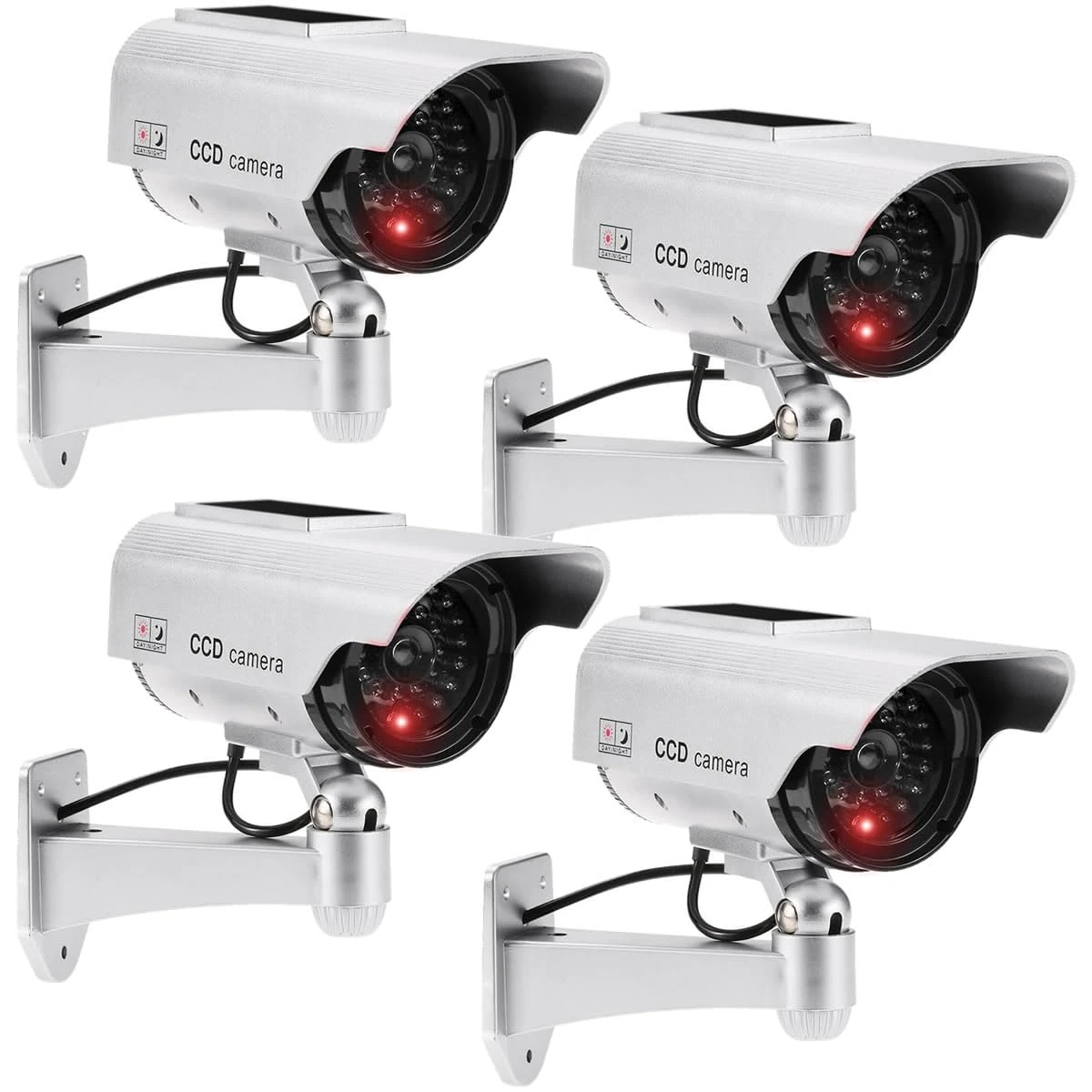 JUSTOP 4 Pack Dummy CCTV Camera Outdoor/Indoor Waterproof With Reality LED Light Solar Or Battery Powered - Silver