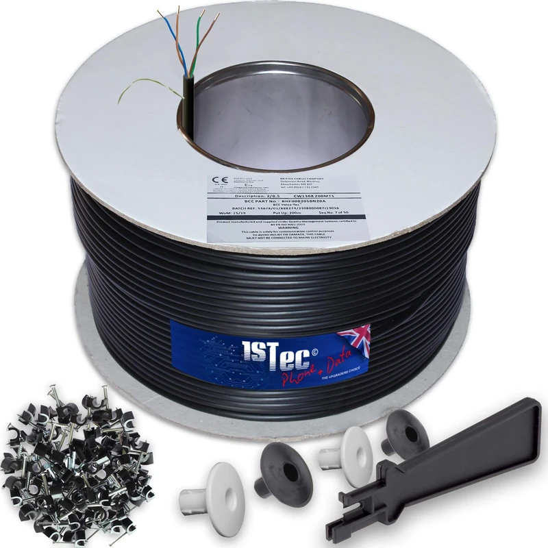 1STec 200m of Genuine BT CW1308 4 Core 2 Twisted Pair Telephone or FTTC Broadband Extension Wire + 4 Grommets + IDC Insertion Tool + 4mm Clips + Printed Colour Code Instructions 200 Metre Black