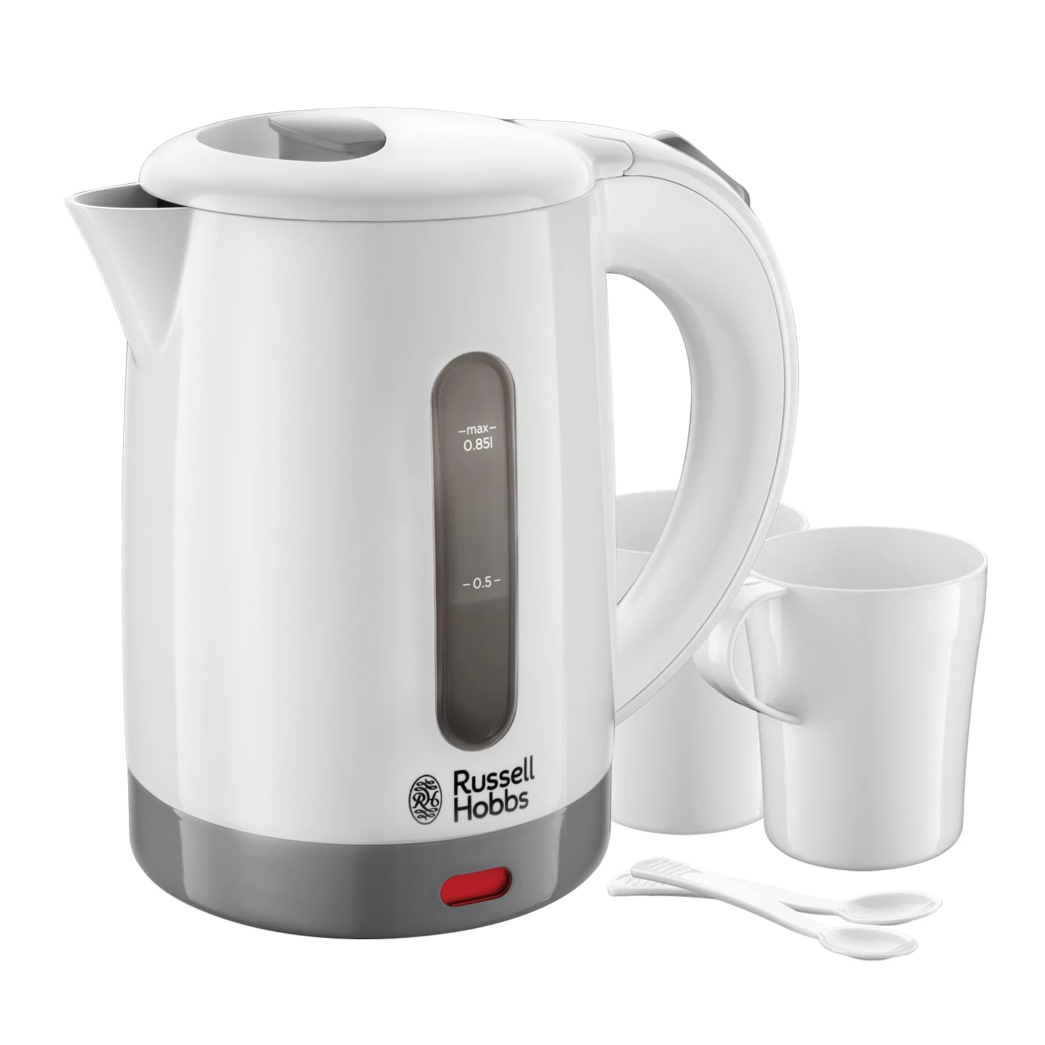 Russell Hobbs Electric 0.85L Travel Kettle, Small & Compact, Dual voltage, Ideal for abroad/caravan/camping, inc 2 cups & spoons, Removable washable anti-scale filter, water windows, 1000W, 23840