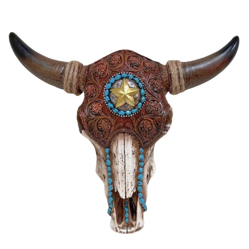 BestGiftEver Bull Skull with Tooled Leather Southwest Home Decor Wall Hanging Decoration - Rustic Bull Skull Wall Sculpture - Native American Indian Style Home Decor with Tooled Leather Look