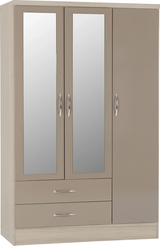 Seconique Nevada 3 Door 2 Drawer Wardrobe in Oyster Gloss/Light Oak Effect Veneer